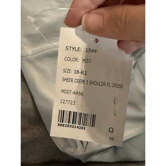 NWT After Six 1544 Size 18 R1 Mist Light Blue Thin One Shoulder Maxi Dress Crepe - Picture 6 of 11